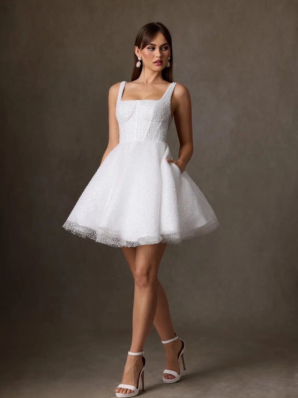 NWT Azazie Avila Diamond White A-Line with Pockets Beading Dress